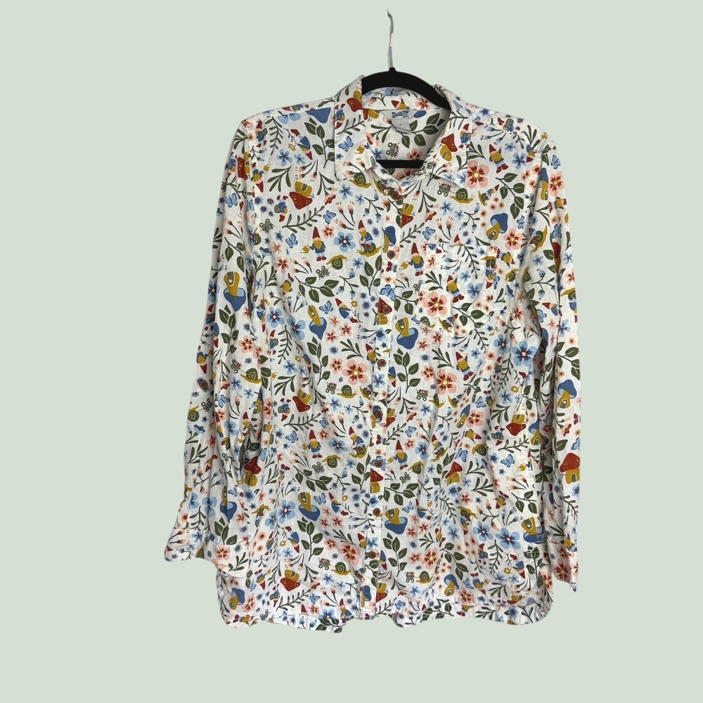 Duluth Trading Co Gnome Mushroom Hemp Cotton Shirt Womens L White Garden Novelty